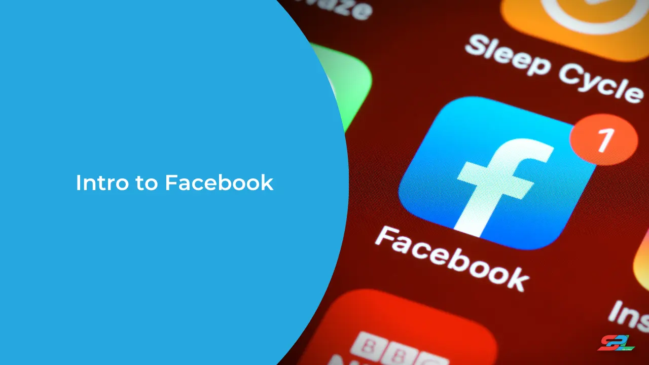 Facebook app icon between other apps on a smartphone and a blue banner on the left side with the text 'Intro to Facebook'