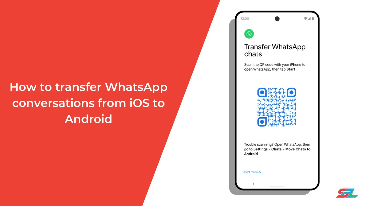 Phone with screen displaying the WhatsApp transfer QR and red banner on the left with text 'How to trasnfer WhatsApp conversations from Android to iOS'